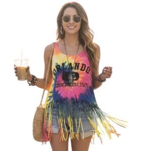 Beach By Exist Tank Top Womens Medium Multicolor Orlando Florida Fringe Tie Dye